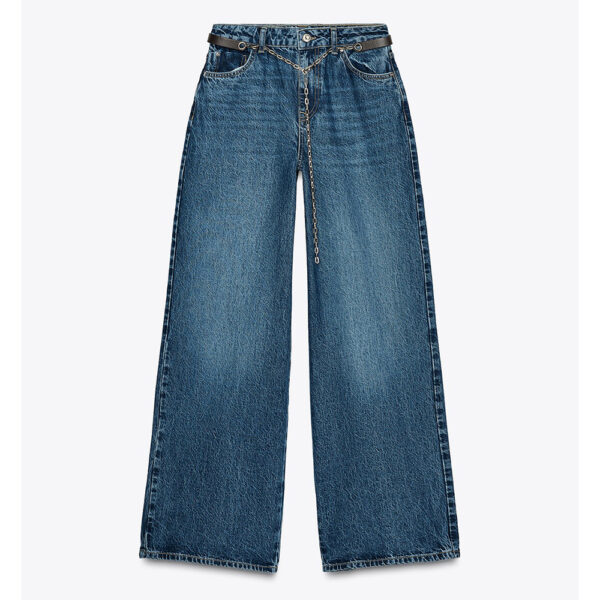 Y2K-Inspired Cool: Spring 2025 Nebesa Women’s Mid-Blue Wide-Leg Jeans with Chain Belt