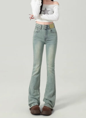 Spring Women’s High-Waisted Light Blue Flared Jeans – Stretch, Shape, and Shine in Every Step
