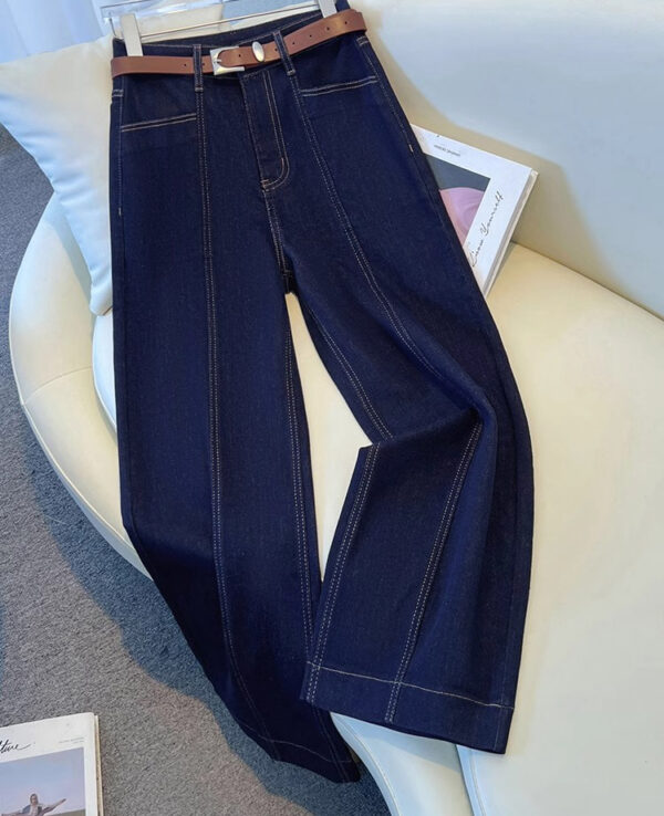 Fall 2024 Women’s High-Waisted Denim Blue Straight-Leg Jeans – Crescent Flare, Timeless Elegance
