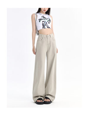 Women’s Straight-Leg Khaki Jeans – Wide-Leg Comfort, Slimming Fit for Petite Frames