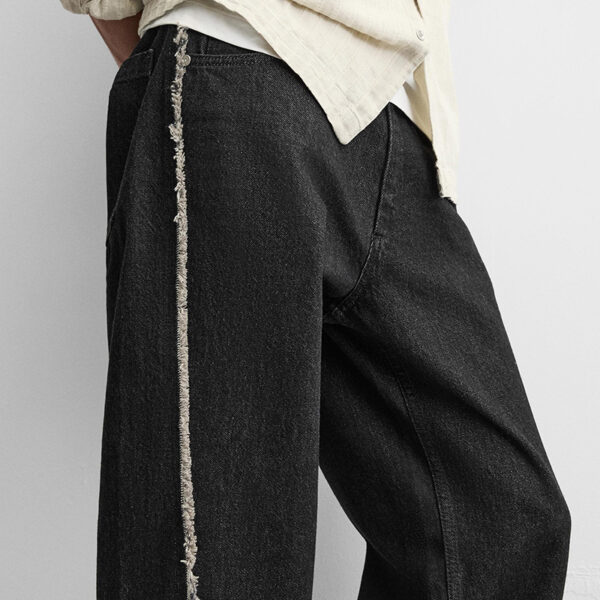 Laid-Back Edge: Spring Men’s Cotton Straight-Leg Jeans with Raw Hem & Stitch Detail