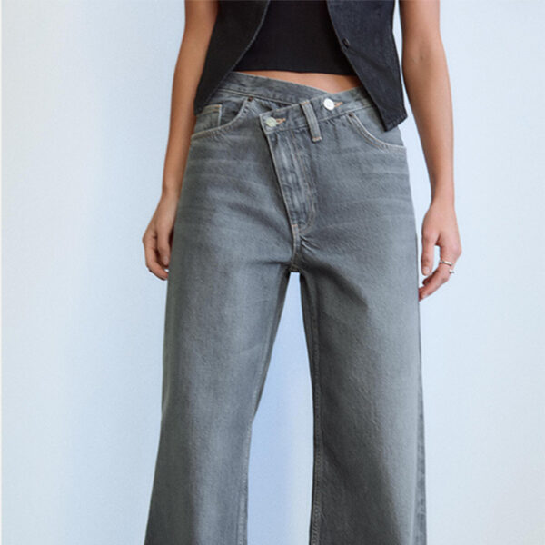 Redefine Casual Cool: Spring 2025 TRF Women’s Gray Cotton Double-Breasted Wide-Leg Jeans