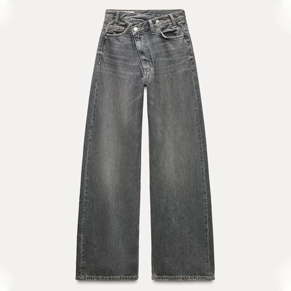 Redefine Casual Cool: Spring 2025 TRF Women’s Gray Cotton Double-Breasted Wide-Leg Jeans