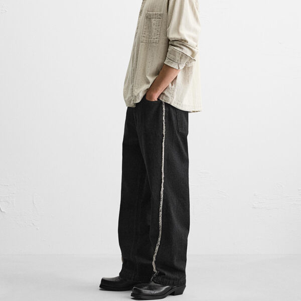 Laid-Back Edge: Spring Men’s Cotton Straight-Leg Jeans with Raw Hem & Stitch Detail
