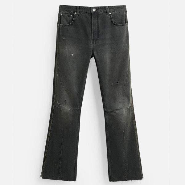 Spring 2025 Men’s Cotton Washed Ripped Zipper-Detail Bell-Bottom Jeans | Edgy Retro-Inspired Denim