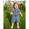 Little Girls Toddler Short Sleeve Denim Bodysuit Lapel Top Elastic Waist Romper Jumpsuit Solid Pocket Coverall