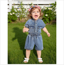 Little Girls Toddler Short Sleeve Denim Bodysuit Lapel Top Elastic Waist Romper Jumpsuit Solid Pocket Coverall