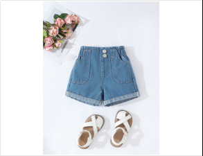 Summer Girls’ High-Waisted Rolled Hem Denim Shorts – Soft Cotton Straight-Leg Jean Shorts with Large Pockets (Ages 5–12)