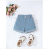 Summer Girls’ High-Waisted Rolled Hem Denim Shorts – Soft Cotton Straight-Leg Jean Shorts with Large Pockets (Ages 5–12)