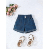 Summer Girls’ High-Waisted Rolled Hem Denim Shorts – Soft Cotton Straight-Leg Jean Shorts with Large Pockets (Ages 5–12)