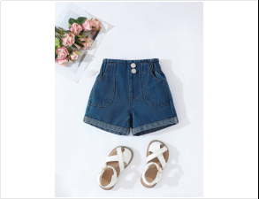 Summer Girls’ High-Waisted Rolled Hem Denim Shorts – Soft Cotton Straight-Leg Jean Shorts with Large Pockets (Ages 5–12)