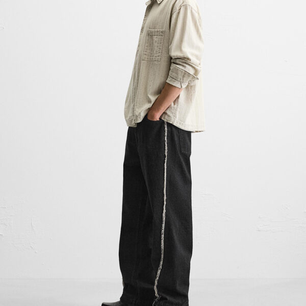 Spring 2025 Men’s Cotton Raw Hem Stitch Detail Loose-Fit Straight-Leg Denim Pants – Effortless Edge Meets Premium Casual Style
