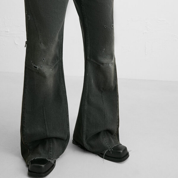 Spring 2025 Men’s Cotton Washed Ripped Zipper-Detail Bell-Bottom Jeans | Edgy Retro-Inspired Denim
