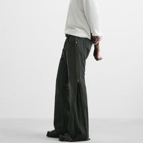 Spring 2025 Men’s Cotton Washed Ripped Zipper-Detail Bell-Bottom Jeans | Edgy Retro-Inspired Denim