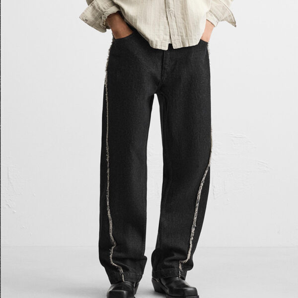Spring 2025 Men’s Cotton Raw Hem Stitch Detail Loose-Fit Straight-Leg Denim Pants – Effortless Edge Meets Premium Casual Style