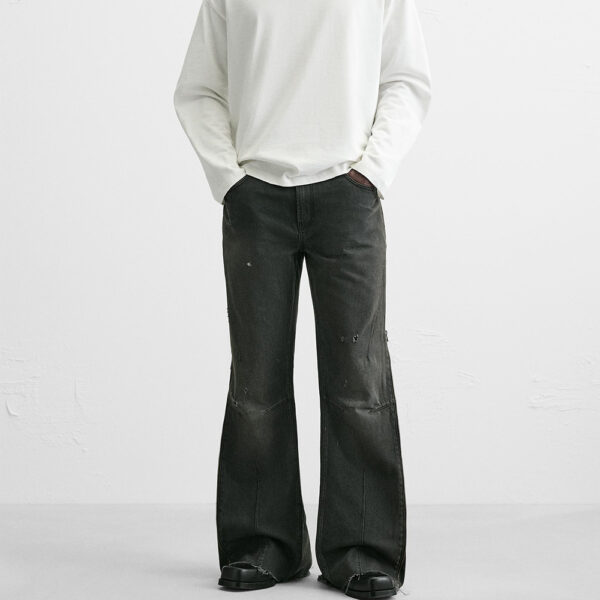 Spring 2025 Men’s Cotton Washed Ripped Zipper-Detail Bell-Bottom Jeans | Edgy Retro-Inspired Denim