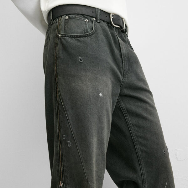 Spring 2025 Men’s Cotton Washed Ripped Zipper-Detail Bell-Bottom Jeans | Edgy Retro-Inspired Denim
