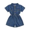 Little Girls Toddler Short Sleeve Denim Bodysuit Lapel Top Elastic Waist Romper Jumpsuit Solid Pocket Coverall