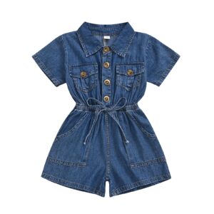 Little Girls Toddler Short Sleeve Denim Bodysuit Lapel Top Elastic Waist Romper Jumpsuit Solid Pocket Coverall