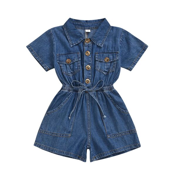 Little Girls Toddler Short Sleeve Denim Bodysuit Lapel Top Elastic Waist Romper Jumpsuit Solid Pocket Coverall