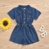 Little Girls Toddler Short Sleeve Denim Bodysuit Lapel Top Elastic Waist Romper Jumpsuit Solid Pocket Coverall