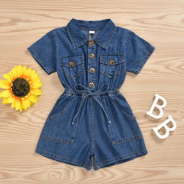 Little Girls Toddler Short Sleeve Denim Bodysuit Lapel Top Elastic Waist Romper Jumpsuit Solid Pocket Coverall