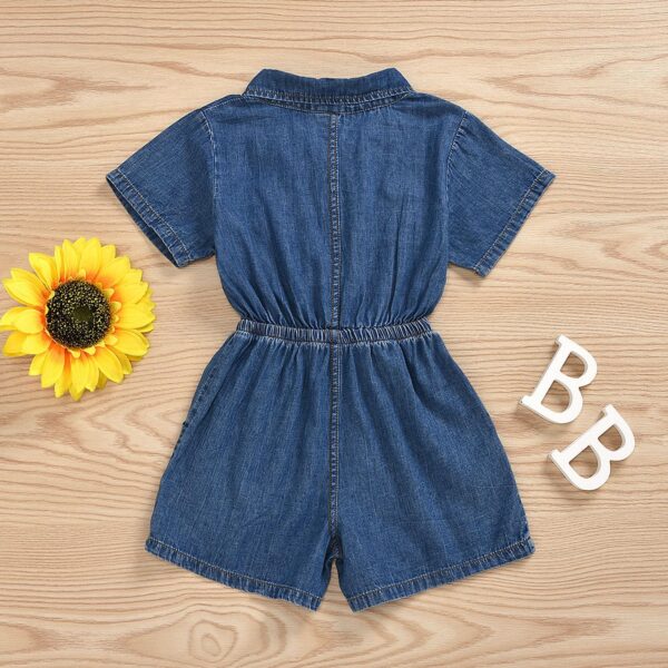 Little Girls Toddler Short Sleeve Denim Bodysuit Lapel Top Elastic Waist Romper Jumpsuit Solid Pocket Coverall
