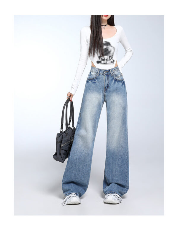 Spring Women’s Vintage Blue Wide-Leg Jeans – High-Street Style with a Draped Fit for Petite Frames