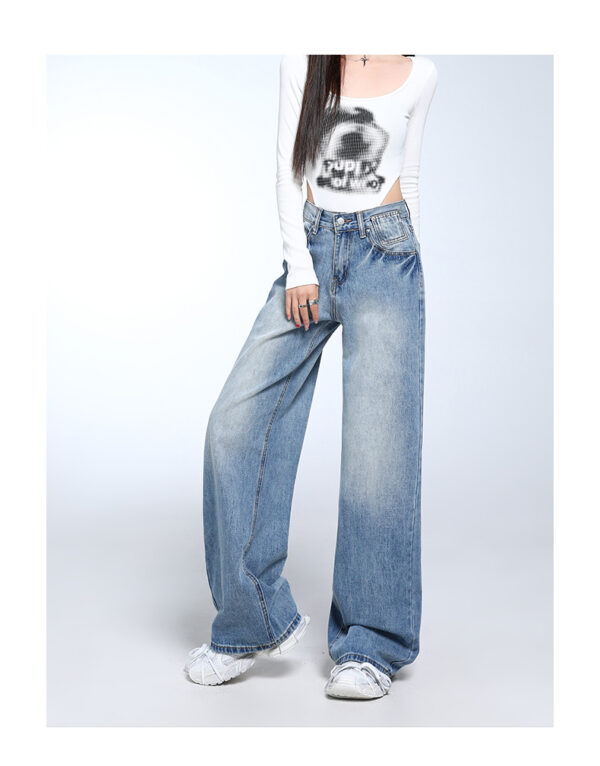 Spring Women’s Vintage Blue Wide-Leg Jeans – High-Street Style with a Draped Fit for Petite Frames