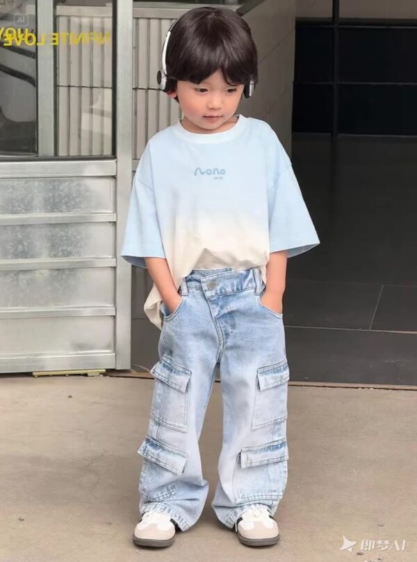 2025 New Korean-Style Boys' Loose Fit Vintage Denim Cargo Pants – Streetwear-Inspired Comfort for Trendy Toddlers