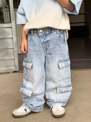 2025 New Korean-Style Boys' Loose Fit Vintage Denim Cargo Pants – Streetwear-Inspired Comfort for Trendy Toddlers
