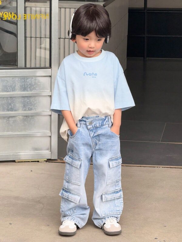 2025 New Korean-Style Boys' Loose Fit Vintage Denim Cargo Pants – Streetwear-Inspired Comfort for Trendy Toddlers