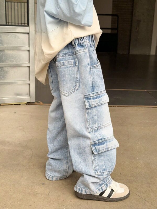 2025 New Korean-Style Boys' Loose Fit Vintage Denim Cargo Pants – Streetwear-Inspired Comfort for Trendy Toddlers