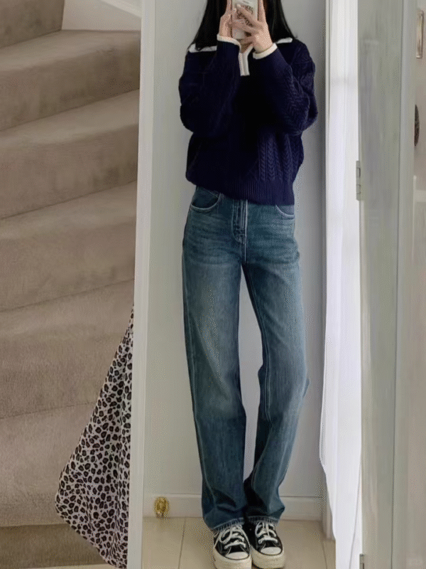 Stretch Denim Straight Wide-Leg Jeans — High-Waist Slimming Fit