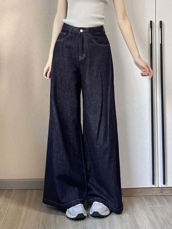 67ef9572-6531-4e9b-aa4b-d4eebe03d341 Fleece-Lined Dark Blue Wide-Leg Denim Pants — Warm & Fluid Drape