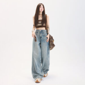 SKU-01-浅蓝-长裤 Light Wash High-Waist Wide Leg Denim Pants — Slimming Draped Fit