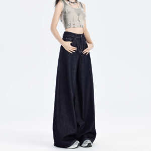 SKU-01-深蓝色【九分】 建议身高158cm以下 Fleece-Lined Dark Blue Wide-Leg Denim Pants — Warm & Fluid Drape