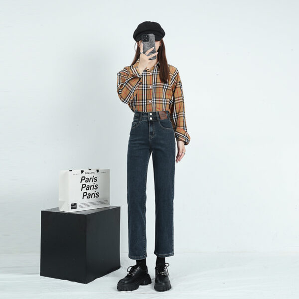 Black Fleece-Lined Slim Straight Denim Pants — Petite Fit & Winter Warmth