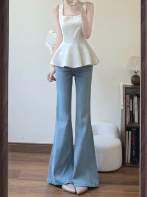主图-01 Light Blue Stretch Flared Denim Pants — High-Waist Slim Fit for Autumn Wear