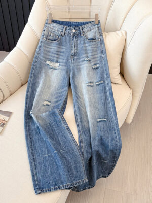 主图-01 Washed Denim Distressed Wide-Leg Pants Fabric — Draped & Durable Streetwear Look