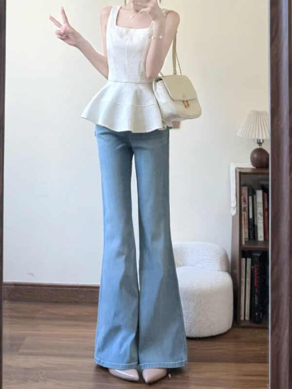 Light Blue Stretch Flared Denim Pants — High-Waist Slim Fit for Autumn Wear