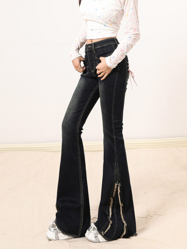 主图-04 Blue High-Waist Raw-Hem Flared Denim Pants — Stretch Slim Fit Retro Style