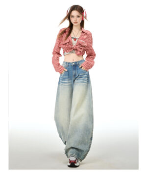 详情-08 Vintage Washed Embroidered Denim Pants — Low-Rise Slimming Wide-Leg Fit