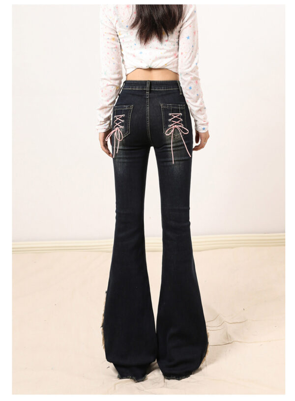 详情-08 Blue High-Waist Raw-Hem Flared Denim Pants — Stretch Slim Fit Retro Style