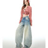 详情-11 Vintage Washed Embroidered Denim Pants — Low-Rise Slimming Wide-Leg Fit