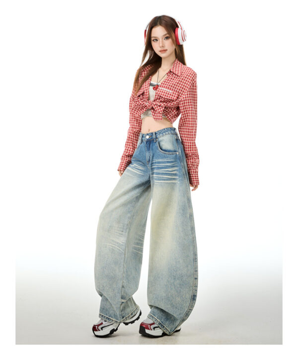 详情-11 Vintage Washed Embroidered Denim Pants — Low-Rise Slimming Wide-Leg Fit