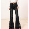详情-12 Blue High-Waist Raw-Hem Flared Denim Pants — Stretch Slim Fit Retro Style