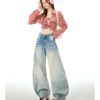 详情-12 Vintage Washed Embroidered Denim Pants — Low-Rise Slimming Wide-Leg Fit