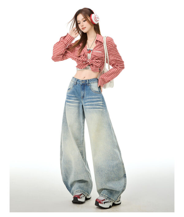 详情-12 Vintage Washed Embroidered Denim Pants — Low-Rise Slimming Wide-Leg Fit