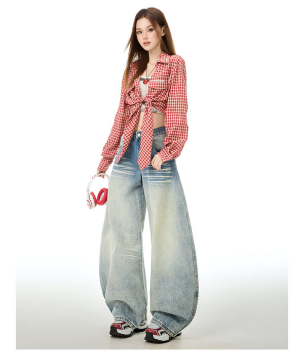 详情-13 Vintage Washed Embroidered Denim Pants — Low-Rise Slimming Wide-Leg Fit